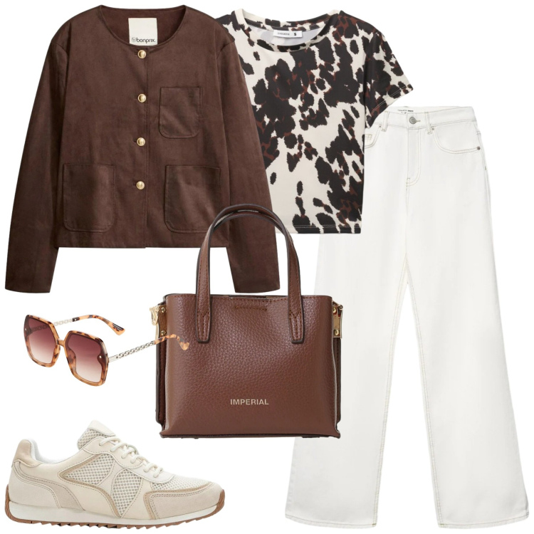 Outfit donna - Aprile. Stile Casual chic per Tutti i giorni. Abbinamento con sneakers alte, occhiali da sole, blazer, jeans, t-shirt, borse a tracolla.