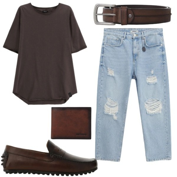 Outfit uomo - Snob - Imperial. Stile Urban per Tutti i giorni. Abbinamento con jeans strappati, scarpe stringate, cinture, portafogli, t-shirt.