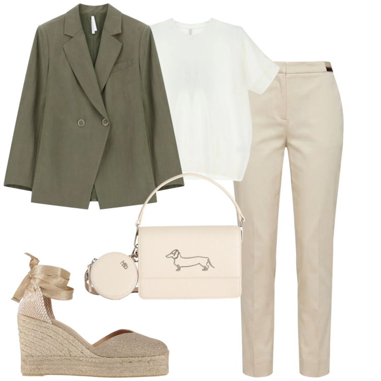 Outfit donna - City. Stile Urban per Tutti i giorni. Abbinamento con espadrillas, pantaloni chino, borse a tracolla, t-shirt, blazer.