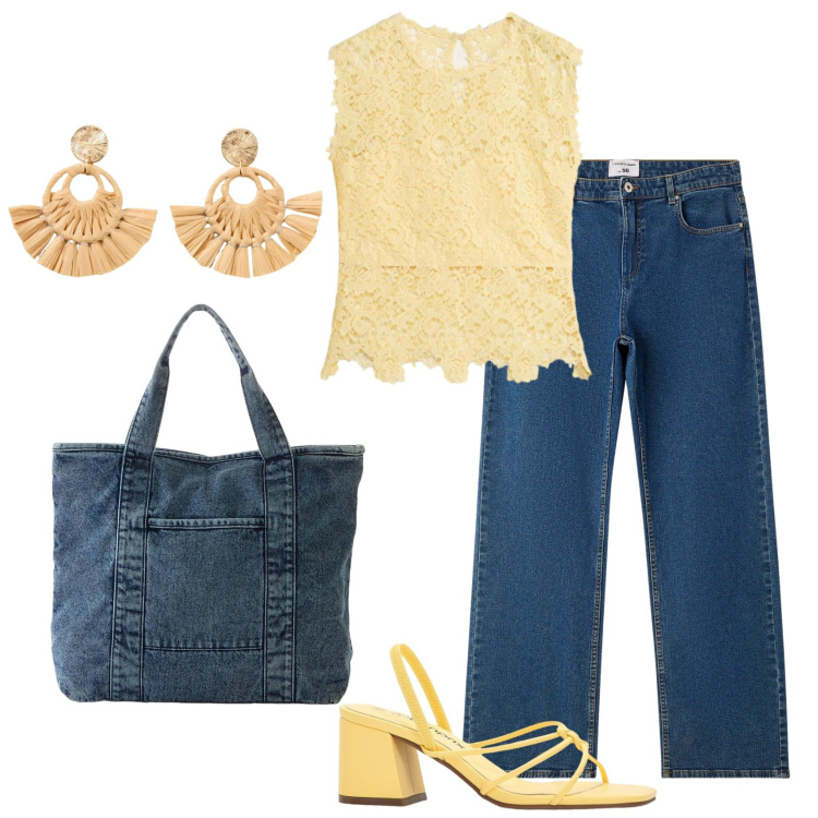 Outfit donna - Colori che illuminano - curvy style. Stile Romantica per Tutti i giorni. Abbinamento con canottiere, sandali col tacco, shopping bag, orecchini, jeans dritti.