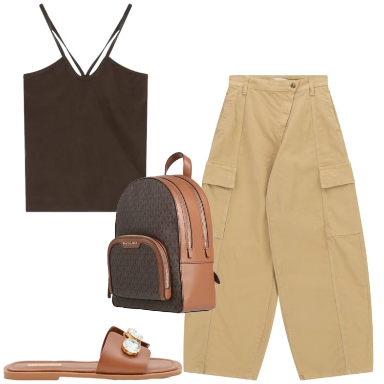 Outfit donna - City. Stile Casual per Tutti i giorni. Abbinamento con zaini, pantaloni cargo, canottiere, sandali gioiello.