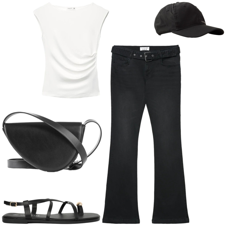 Outfit donna - Aprile. Stile Casual per Tutti i giorni. Abbinamento con borse a tracolla, cappelli con visiera, top, jeans a zampa, sandali.