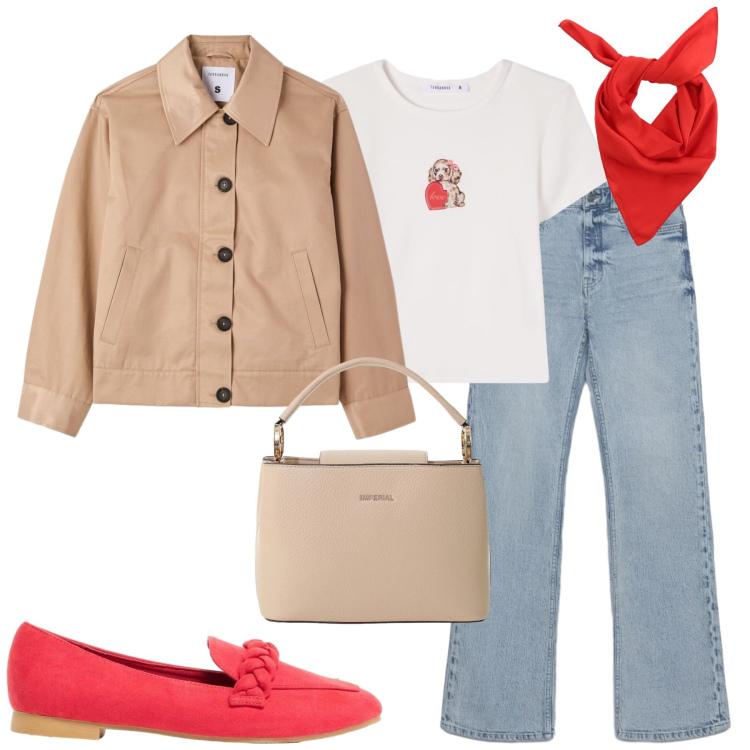 Outfit donna - City. Stile Casual chic per Tutti i giorni. Abbinamento con mocassini, cappotti, t-shirt, jeans bootcut, borse a secchiello, foulard.