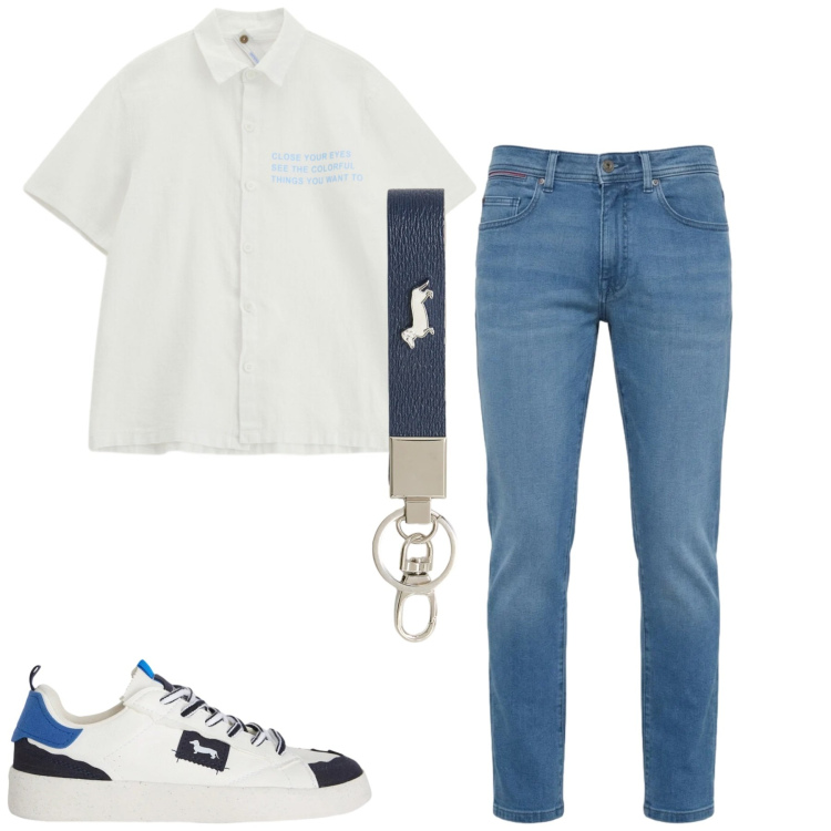 Outfit uomo - Total look #2383348. Stile Casual per Tutti i giorni. Abbinamento con camicie a manica corta, sneakers, portachiavi, jeans slim fit.