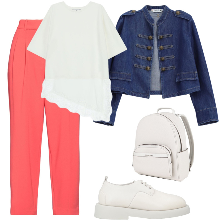 Outfit donna - Street Avant-Garde. Stile Urban per Tutti i giorni. Abbinamento con zaini, scarpe stringate, pantaloni, top, blazer.