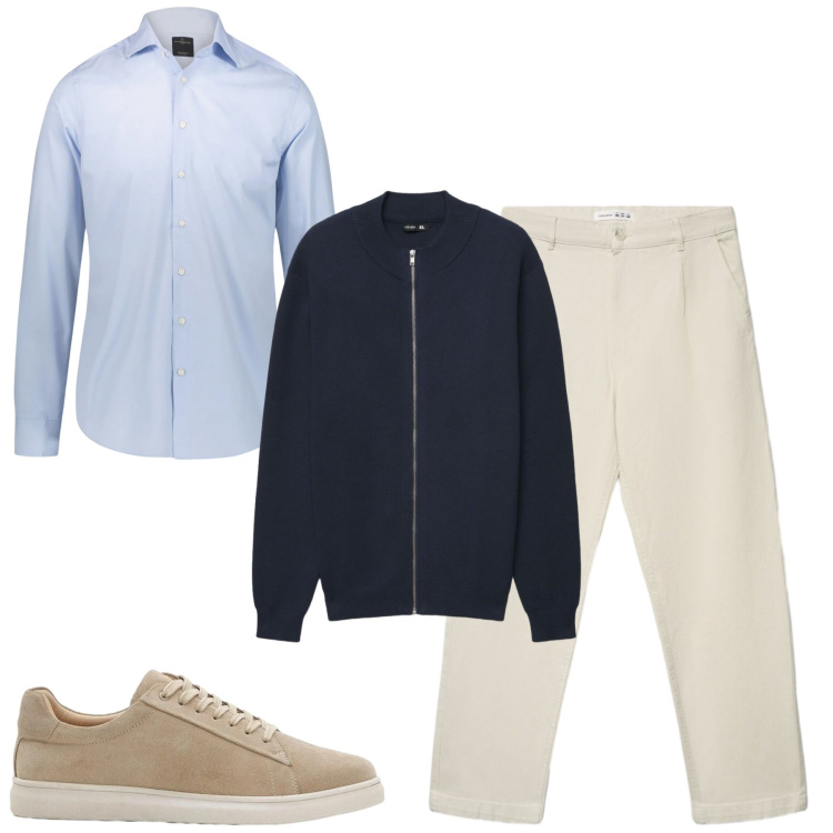 Outfit uomo - City. Stile Urban per Tutti i giorni. Abbinamento con sneakers, cardigans, pantaloni chino, camicie.
