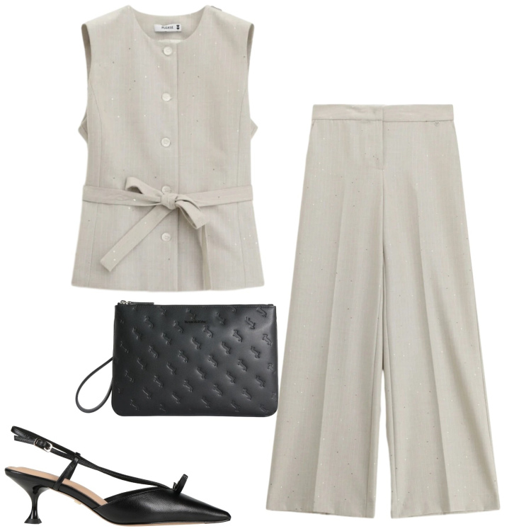 Outfit donna - Please. Stile Chic per Tutti i giorni. Abbinamento con décolleté, anelli, canottiere, pantaloni a palazzo, gilet.