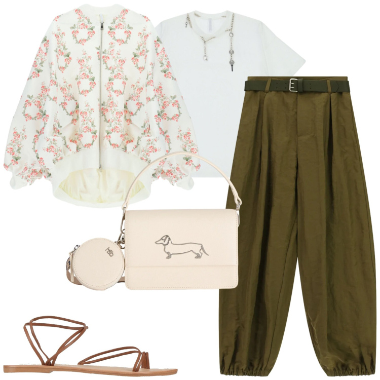 Outfit donna - Please. Stile Casual per Tutti i giorni. Abbinamento con ciabatte, t-shirt, pantaloni, bomber, borse a tracolla.