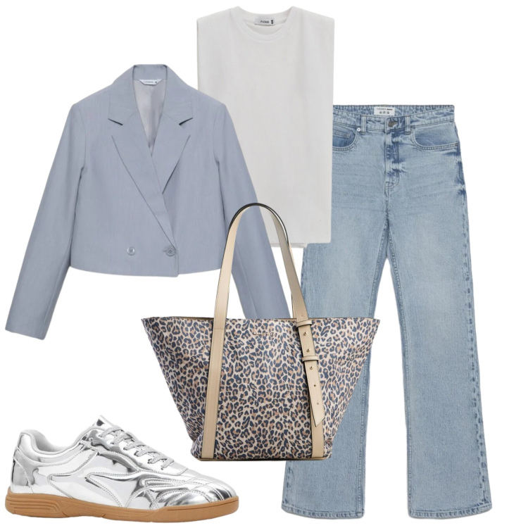 Outfit donna - Total look #2383355. Stile Casual chic per Tutti i giorni. Abbinamento con shopping bag, sneakers, jeans bootcut, blazer, top.