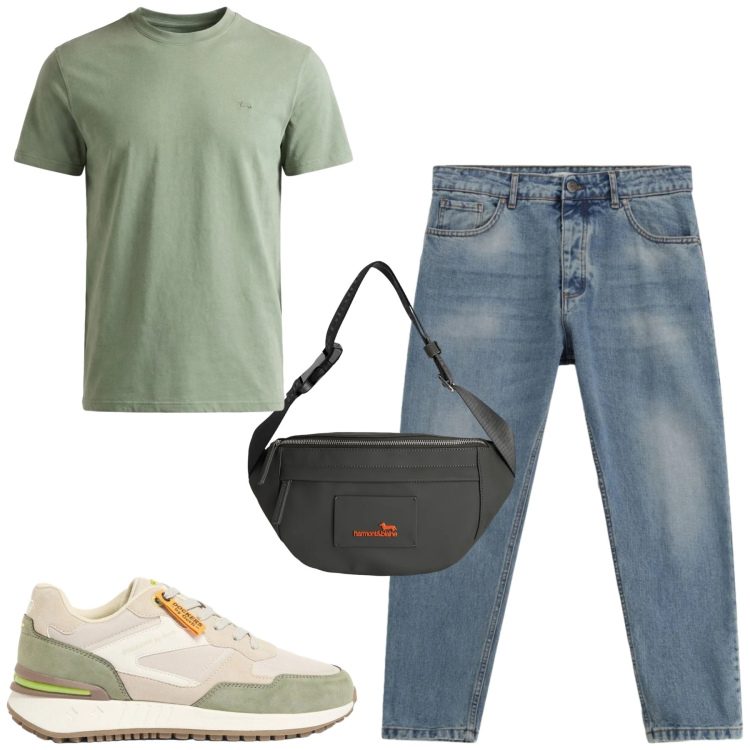 Outfit uomo - City. Stile Casual per Tutti i giorni. Abbinamento con sneakers, jeans, borse sportive, t-shirt.