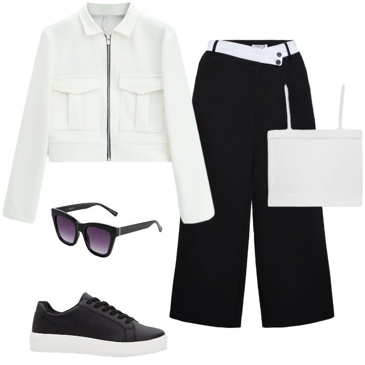 Outfit donna - Total look #2383359. Stile Minimal per Tutti i giorni. Abbinamento con sneakers, occhiali da sole, pantaloni, top, cappotti.