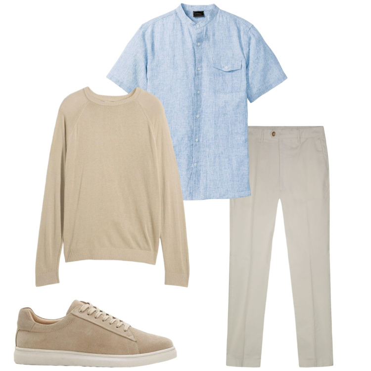 Outfit uomo - Look quotidiano. Stile Urban per Ufficio. Abbinamento con camicie a manica corta, sneakers, maglieria, pantaloni.