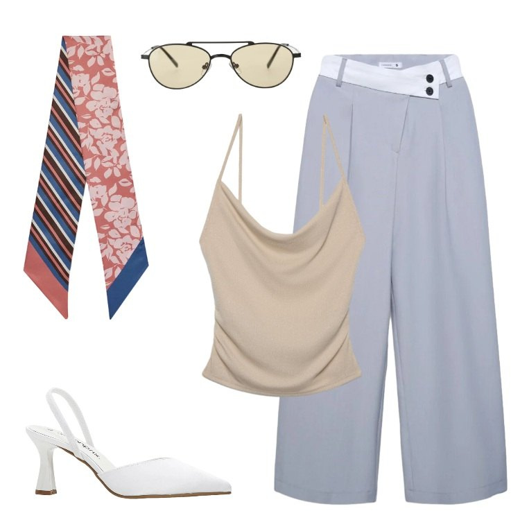 Outfit donna - Total look #2383362. Stile Boho per Ufficio. Abbinamento con décolleté, pantaloni, canottiere, foulard, occhiali da sole.
