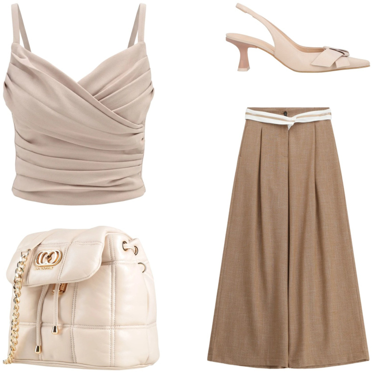 Outfit donna - Chocolate pants. Stile Chic per Tutti i giorni. Abbinamento con décolleté, valigie, pantaloni a palazzo, canottiere.