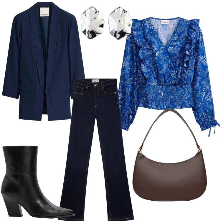 Outfit donna - Il blu in primavera. Stile Casual chic per Ufficio. Abbinamento con blazer, stivaletti, bluse, orecchini, jeans a zampa, borse a tracolla.