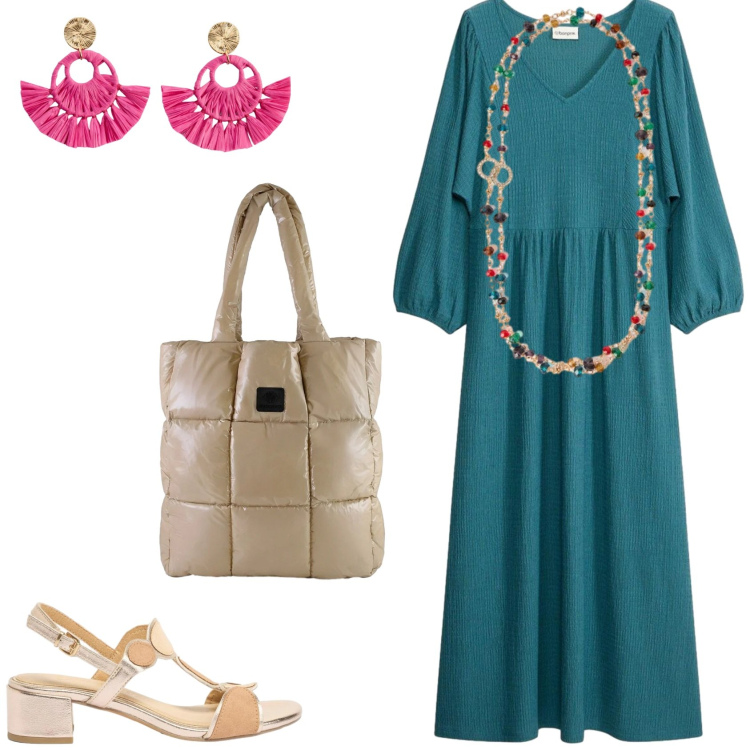 Outfit donna - L\'abito leggero e comodo. Stile Casual per Tutti i giorni. Abbinamento con vestiti midi/longuette, sandali col tacco, orecchini, collane, shopping bag.