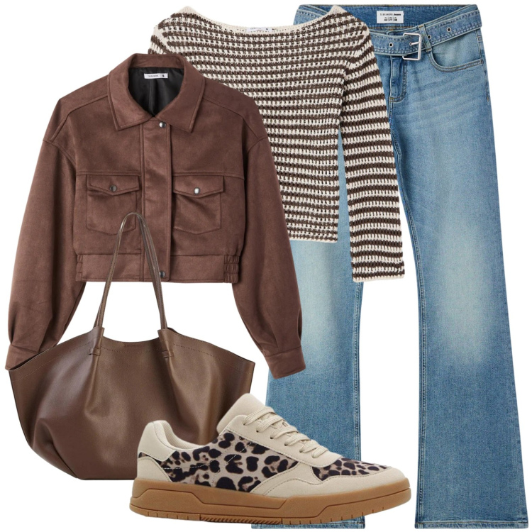 Outfit donna - Università ad Aprile. Stile Casual chic per Scuola/Università. Abbinamento con sneakers, shopping bag, jeans a zampa, maglieria, bomber.