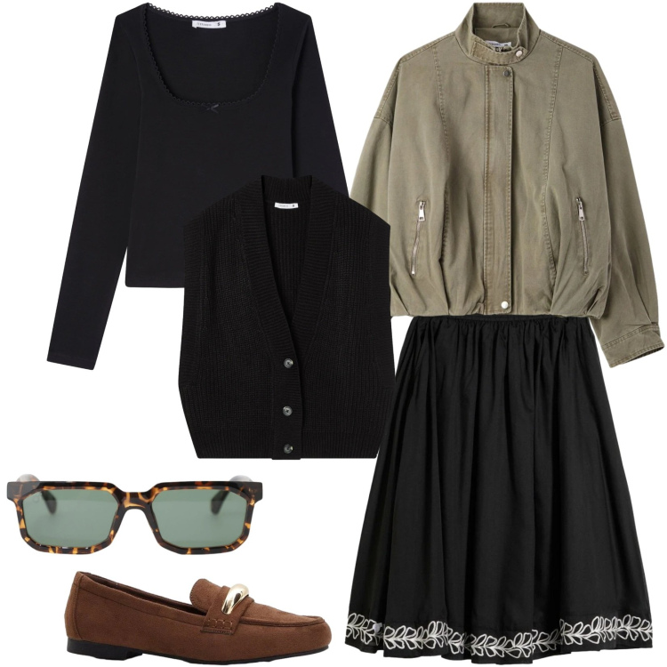 Outfit donna - primaverile a strati layering. Stile Trendy per Tutti i giorni. Abbinamento con gonne longuette, mocassini, bomber, t-shirt, maglieria, occhiali da sole.