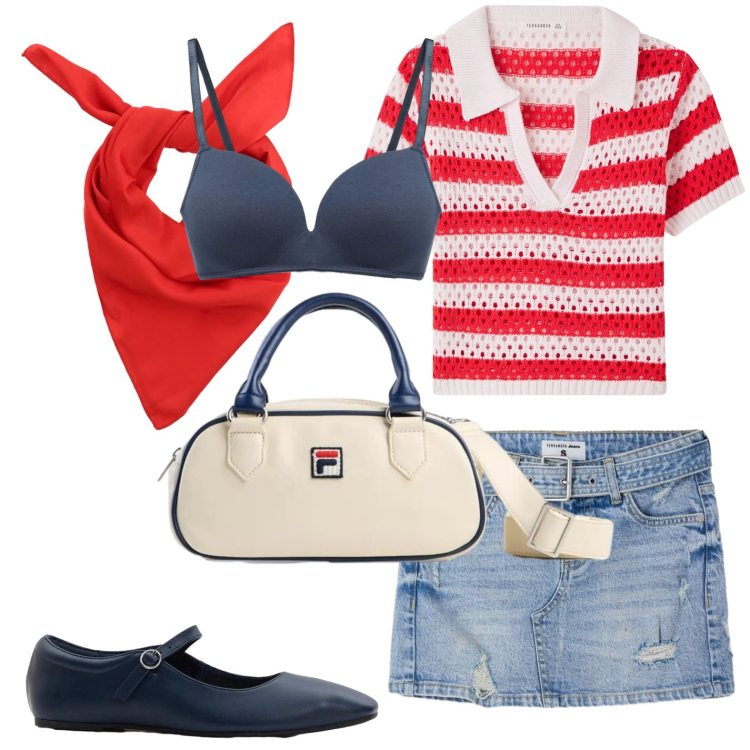 Outfit donna - Bianco & rosso. Stile Casual chic per Scuola/Università. Abbinamento con borse a tracolla, ballerine, t-shirt, minigonne, reggiseni, foulard.
