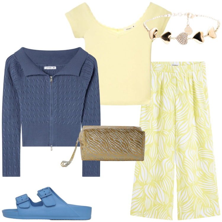 Outfit donna - Il giallo delicato. Stile Casual per Tutti i giorni. Abbinamento con pantaloni a palazzo, cardigans, ciabatte, valigie, t-shirt, braccialetti.