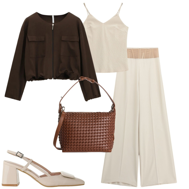 Outfit donna - Imperial. Stile Casual chic per Tutti i giorni. Abbinamento con pantaloni a palazzo, bomber, canottiere, décolleté, borse a spalla.