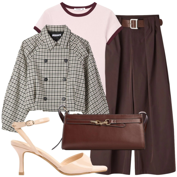 Outfit donna - Creatività con rigore. Stile Glamour per Ufficio. Abbinamento con sandali col tacco, borse a tracolla, t-shirt, caban, pantaloni.