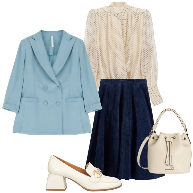 Outfit donna - Free April. Stile Bon Ton per Tutti i giorni. Abbinamento con mocassini, gonne, blazer, camicie, borse a secchiello.