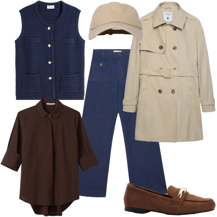 Outfit donna - In città. Stile Casual per Tutti i giorni. Abbinamento con maglieria, mocassini, camicie, trench, jeans, cappelli con visiera.