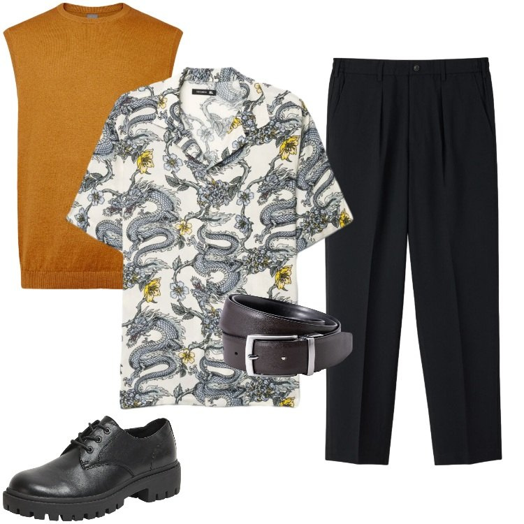 Outfit uomo - Total look #2383387. Stile Trendy per Serata speciale. Abbinamento con pantaloni chino, scarpe stringate, camicie a manica corta, gilet, cinture.