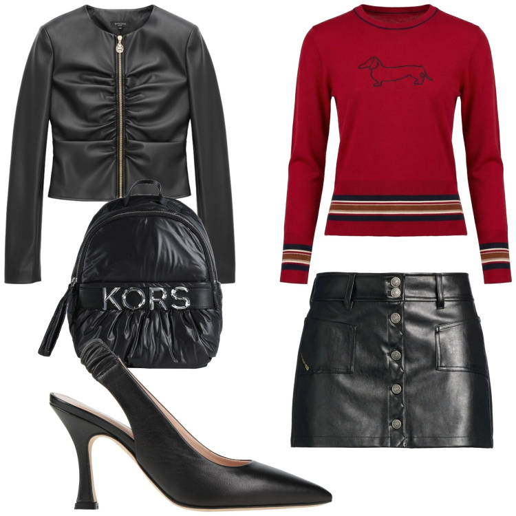 Outfit donna - Rockettara in pelle. Stile Rock per Serata fuori. Abbinamento con zaini, minigonne, décolleté, maglieria, giacche.