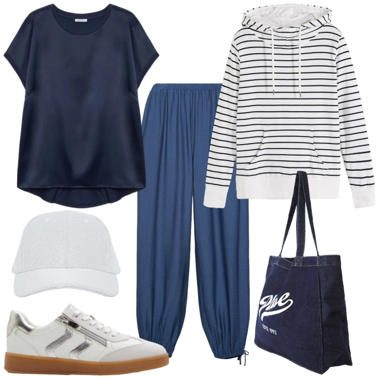 Outfit donna - Total look #2383400. Stile Casual per Sport. Abbinamento con felpe con cappuccio, sneakers, pantaloni, cappelli con visiera, bluse, shopping bag.