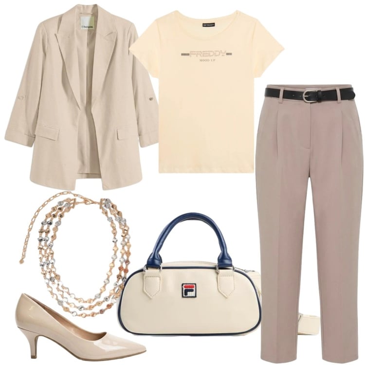 Outfit donna - Effortless, but on point. Stile Casual chic per Ufficio. Abbinamento con blazer, borse a tracolla, décolleté, pantaloni, collane, t-shirt.