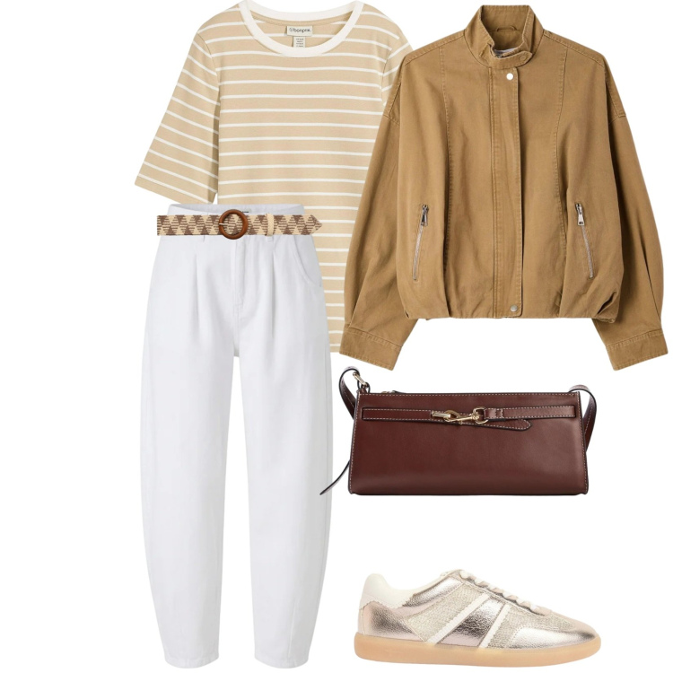 Outfit donna - Bomber protagonista. Stile Trendy per Tutti i giorni. Abbinamento con sneakers, t-shirt, borse a tracolla, bomber, pantaloni, cinture.