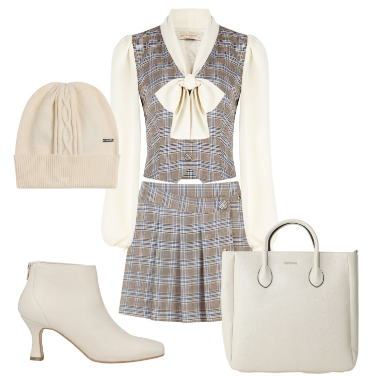 Outfit donna - Preppy style in ufficio. Stile Preppy per Ufficio. Abbinamento con stivaletti, borse a tracolla, bluse, gonne, berretti.