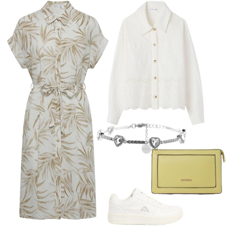 Outfit donna - Il vestito chemisier primaverile. Stile Romantica per Tutti i giorni. Abbinamento con sneakers, borse a tracolla, braccialetti, cappotti, vestiti chemisier.