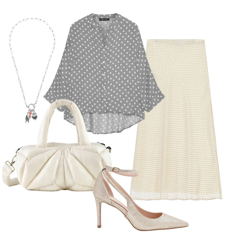 Outfit donna - Primavera a pois. Stile Bon Ton per Ufficio. Abbinamento con camicie, gonne lunghe, décolleté, ciondoli, borse a mano.