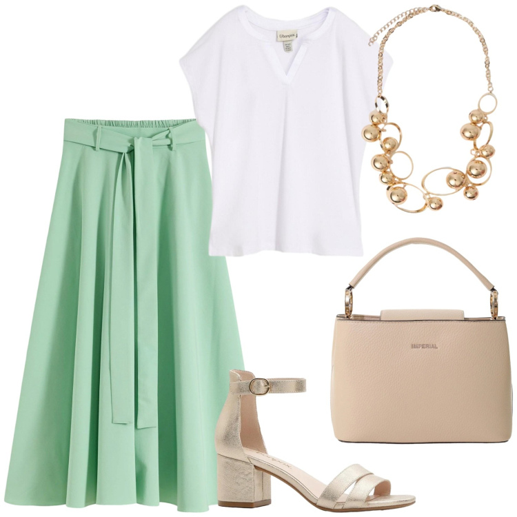 Outfit donna - Colori che illuminano. Stile Vintage retrò per Ufficio. Abbinamento con bluse, gonne lunghe, sandali col tacco, borse a secchiello, collane.