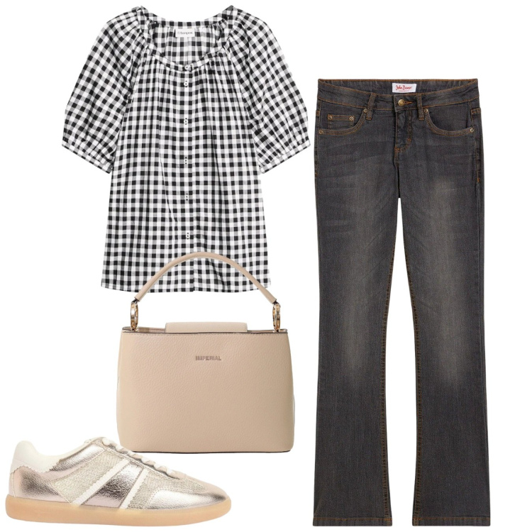 Outfit donna - Curve in movimento - Focus Donna Curvy I. Stile Basic per Tutti i giorni. Abbinamento con jeans bootcut, bluse, sneakers, borse a secchiello.