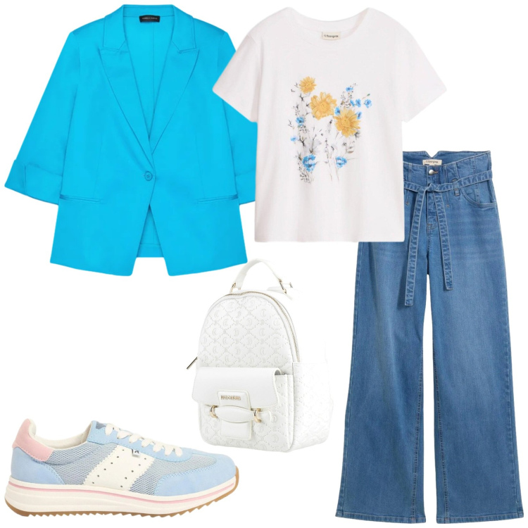 Outfit donna - Blazer di primavera. Stile Basic per Tutti i giorni. Abbinamento con zaini, jeans, t-shirt, sneakers, blazer.