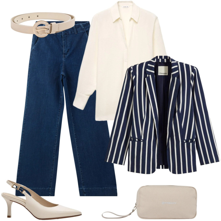 Outfit donna - Jeans con tasche alla francese. Stile Casual per Ufficio. Abbinamento con blazer, décolleté, jeans, camicie, cinture, valigie.