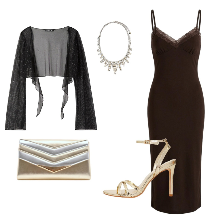 Outfit donna - La sera. Stile Chic per Cerimonia. Abbinamento con vestiti midi/longuette, blazer, sandali col tacco, collane, pochette.