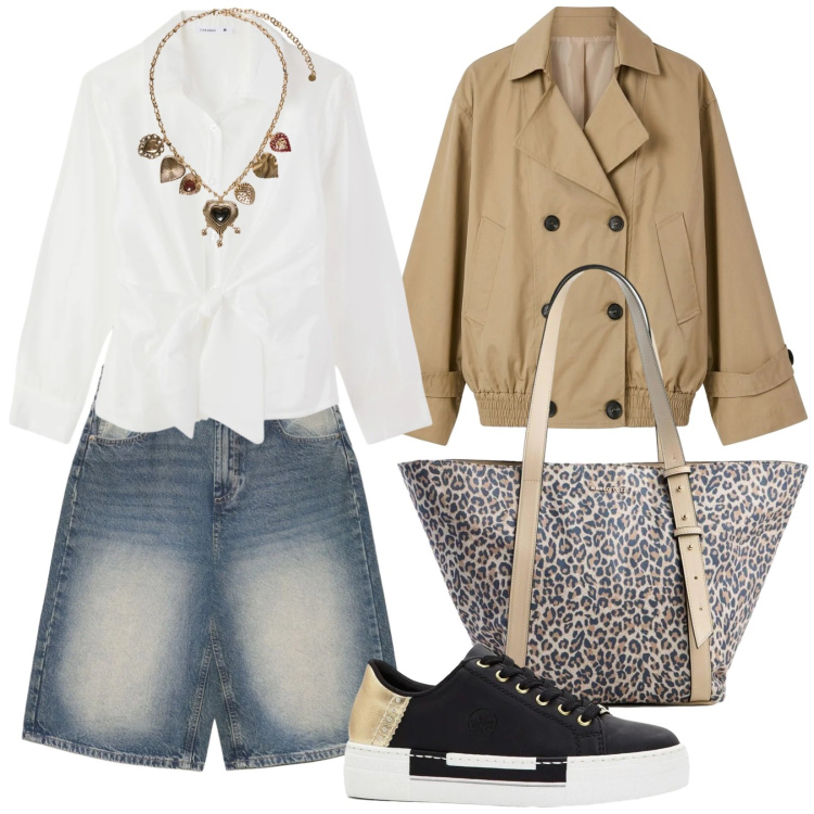 Outfit donna - Total look #2383431. Stile Urban per Tutti i giorni. Abbinamento con shopping bag, sneakers, pantaloni corti, camicie, trench, collane.