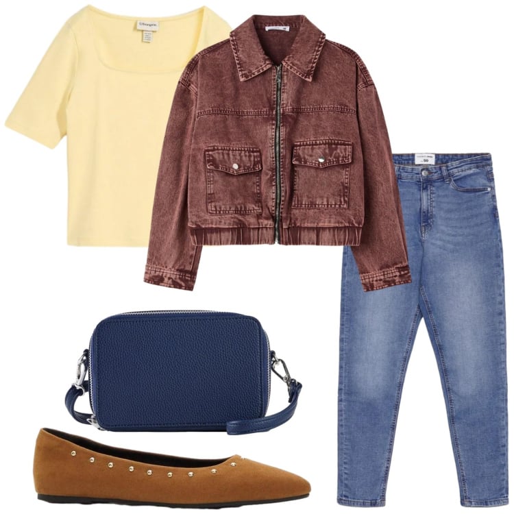 Outfit donna - Ballerine chocolat. Stile Trendy per Ufficio. Abbinamento con ballerine, t-shirt, borse a tracolla, jeans skinny, bomber.