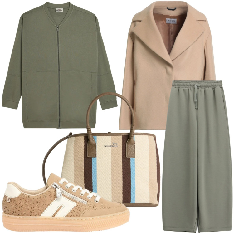 Outfit donna - Casual. Stile Minimal per Tutti i giorni. Abbinamento con cappotti, sneakers, pantaloni a palazzo, shopping bag, felpe.