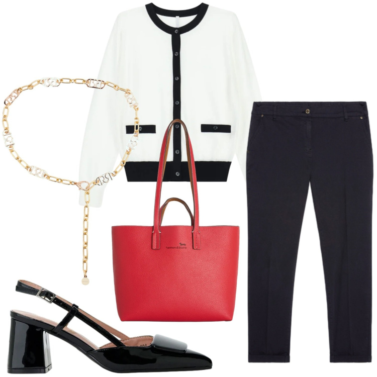 Outfit donna - Bon ton office. Stile Bon Ton per Ufficio. Abbinamento con décolleté, cardigans, cinture, pantaloni chino, shopping bag.