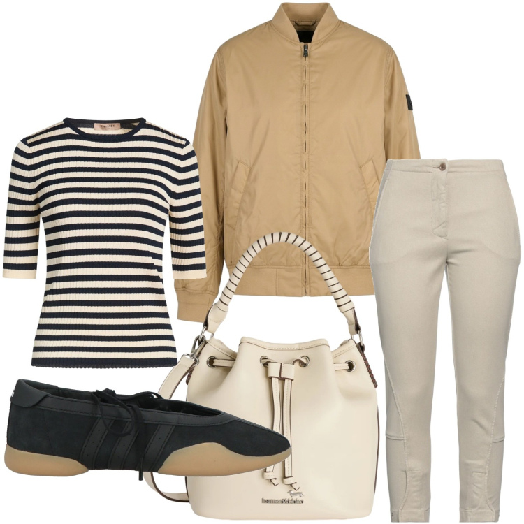 Outfit donna - Righe versatili. Stile Casual per Tutti i giorni. Abbinamento con jeans slim fit, pullovers, ballerine, borse a secchiello, bomber.