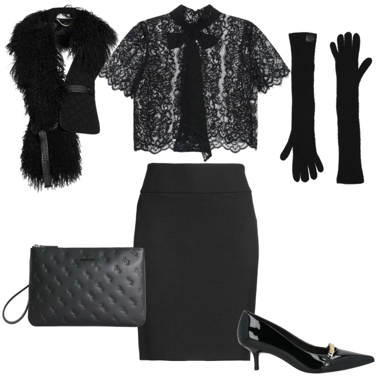 Outfit donna - Serata chic. Stile Chic per Serata fuori. Abbinamento con minigonne, décolleté, guanti, cinture, top, anelli.
