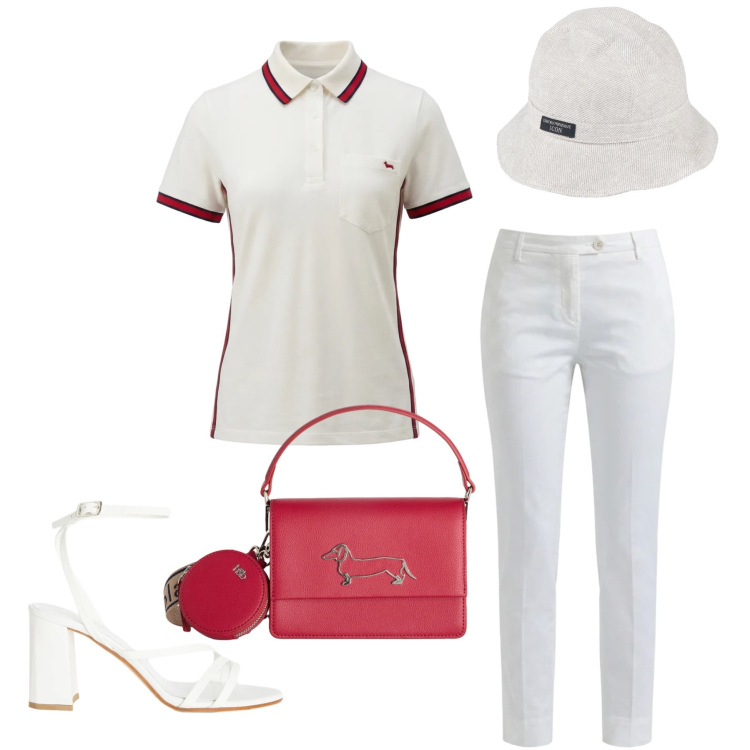 Outfit donna - Sporty Preppy. Stile Casual chic per Tutti i giorni. Abbinamento con cappelli, polo, sandali in pelle, borse a tracolla, pantaloni.
