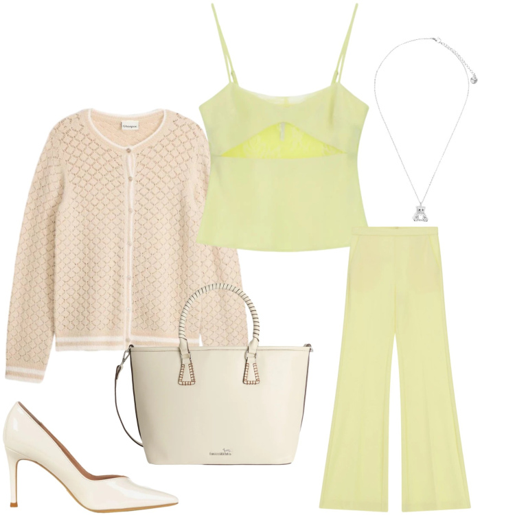 Outfit donna - Pastel Breeze. Stile Casual chic per Ufficio. Abbinamento con cardigans, shopping bag, canottiere, pantaloni, décolleté, ciondoli.