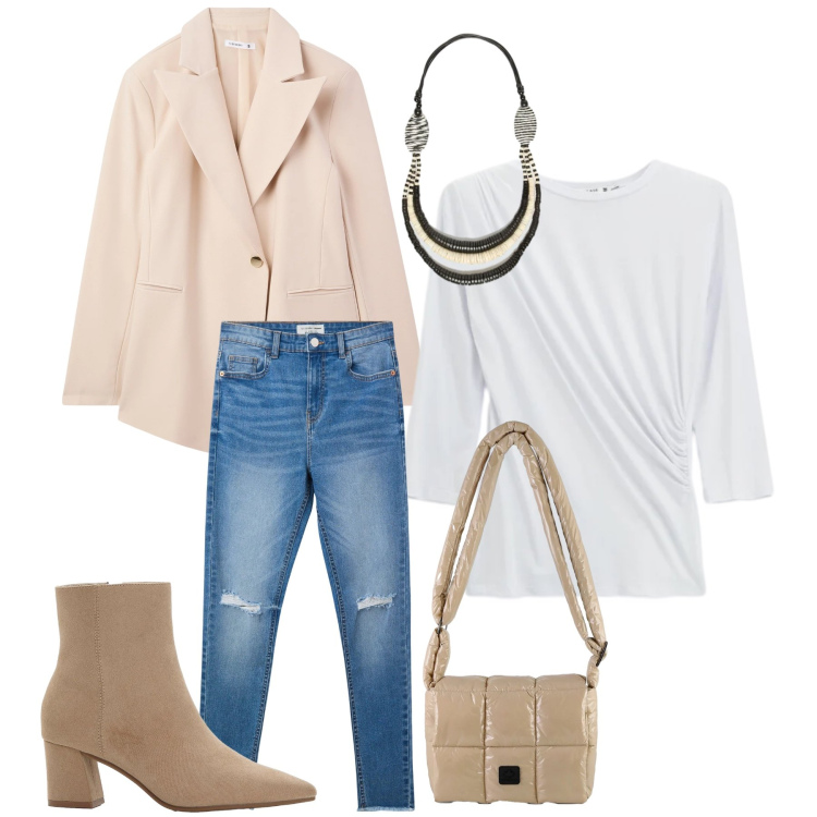 Outfit donna - Urban Chic. Stile Casual chic per Ufficio. Abbinamento con stivaletti, jeans strappati, blazer, collane, top, borse a spalla.